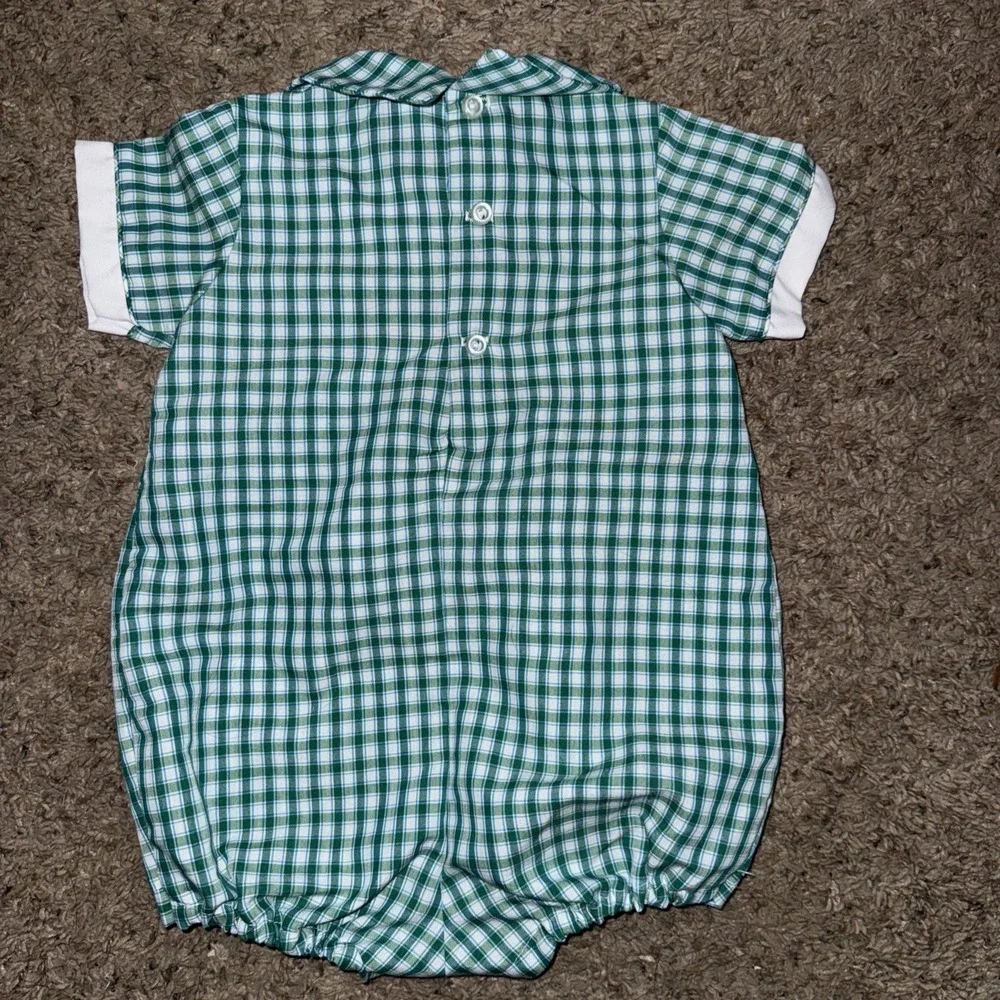 Vintage Alexis Romper Baby Boy 18 Mo‎ Green Gingham Embroidered Trains USA Made